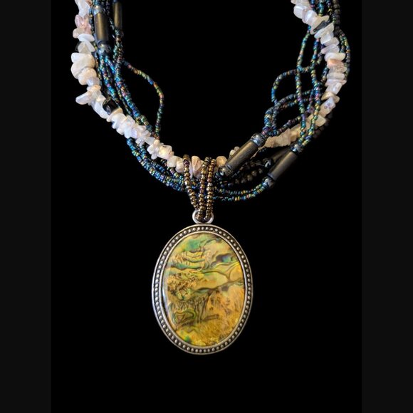 Natural Stone Large 2.81 Mother Of Pearl Multistrand Silver Statement Necklace - Picture 3 of 9